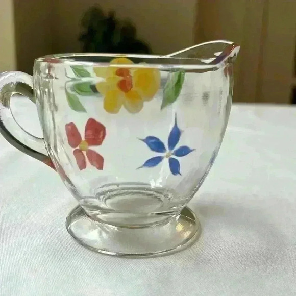 Bartlett Sugar & Creamer Set Hand Painted 1950's Clear Glass W/ Painted Flowers - Picture 4 of 10